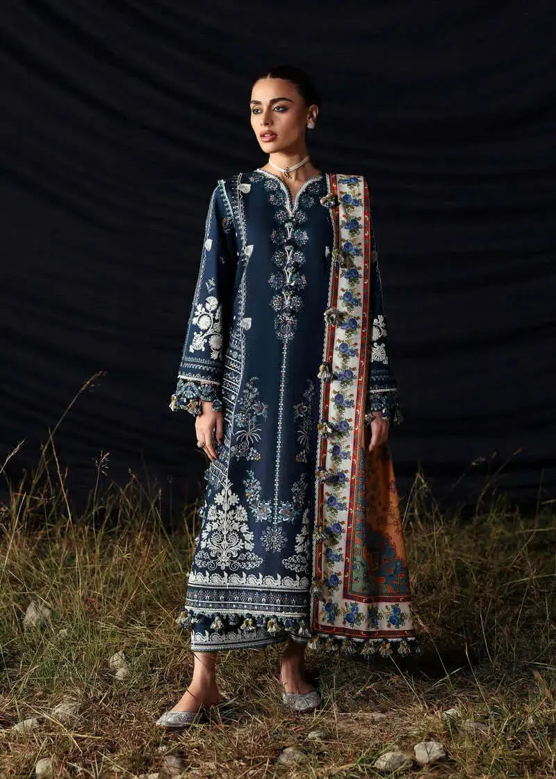 3 Piece Unstitched Heavy Embroidered Dhanak Suit with Printed Woolen Shawl