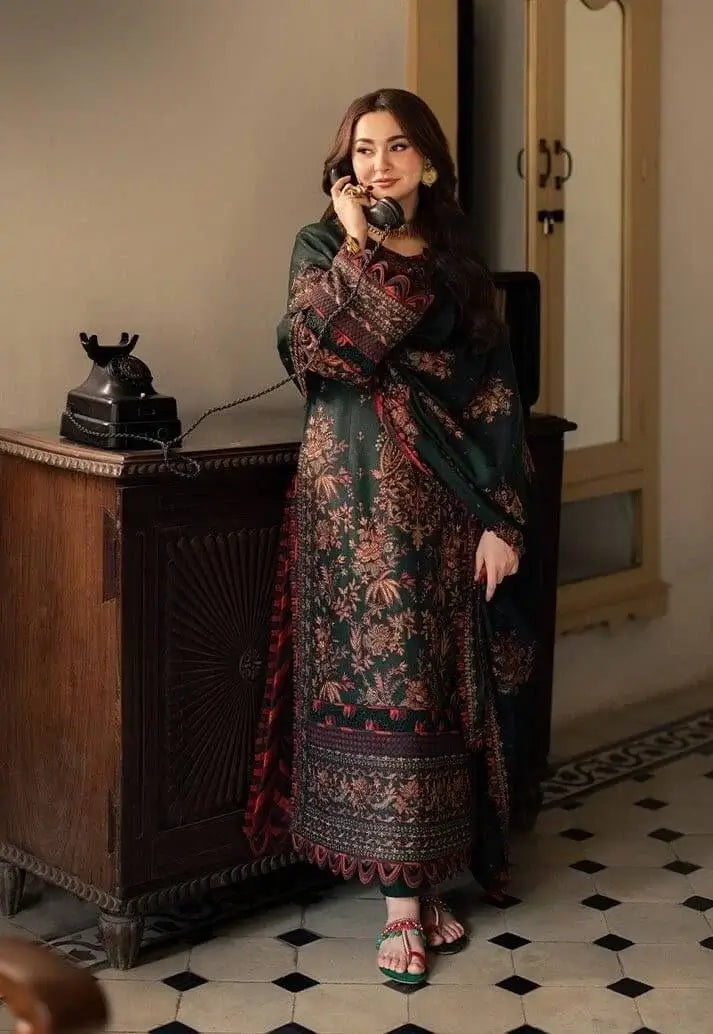 3 Piece Unstitched Heavy Embroidered Dhanak Suit with Four-sided Embroidered Dhanak Wool Shawl