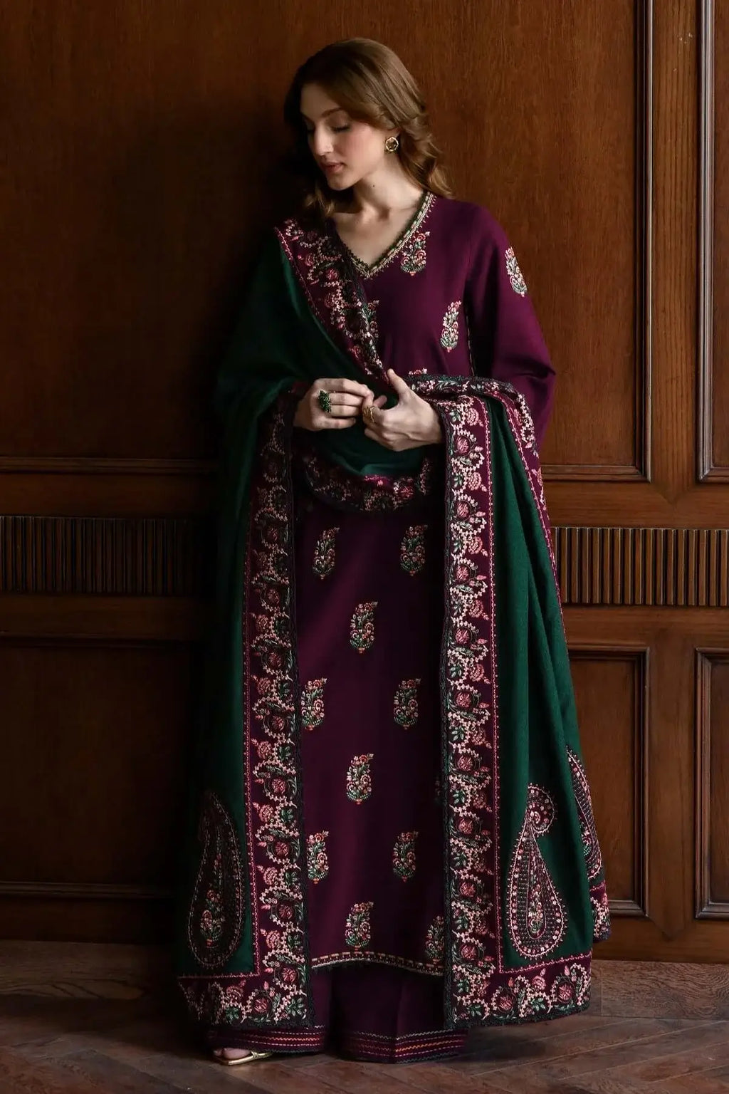 3 Piece Unstitched Heavy Embroidered Dhanak Suit with Four-sided Embroidered Dhanak Wool Shawl