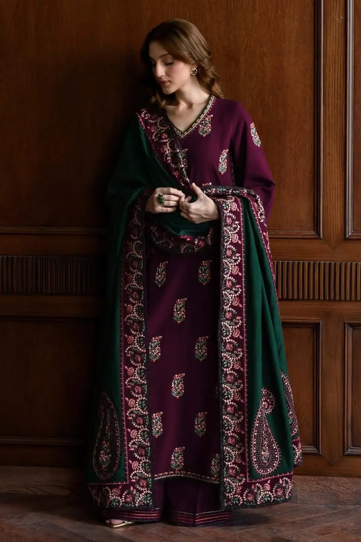 3 Piece Unstitched Heavy Embroidered Dhanak Suit with Four-sided Embroidered Dhanak Wool Shawl