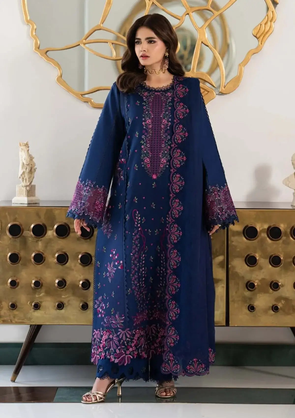 3 Piece Unstitched Heavy Embroidered Dhanak Suit with Four-sided Embroidered Dhanak Wool Shawl