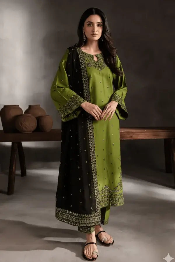 3 Piece Unstitched Heavy Embroidered Dhanak Suit with Four-sided Embroidered Dhanak Wool Shawl