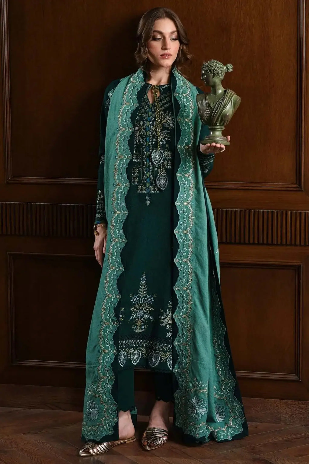 3 Piece Unstitched Heavy Embroidered Dhanak Suit with Four-sided Embroidered Dhanak Wool Shawl