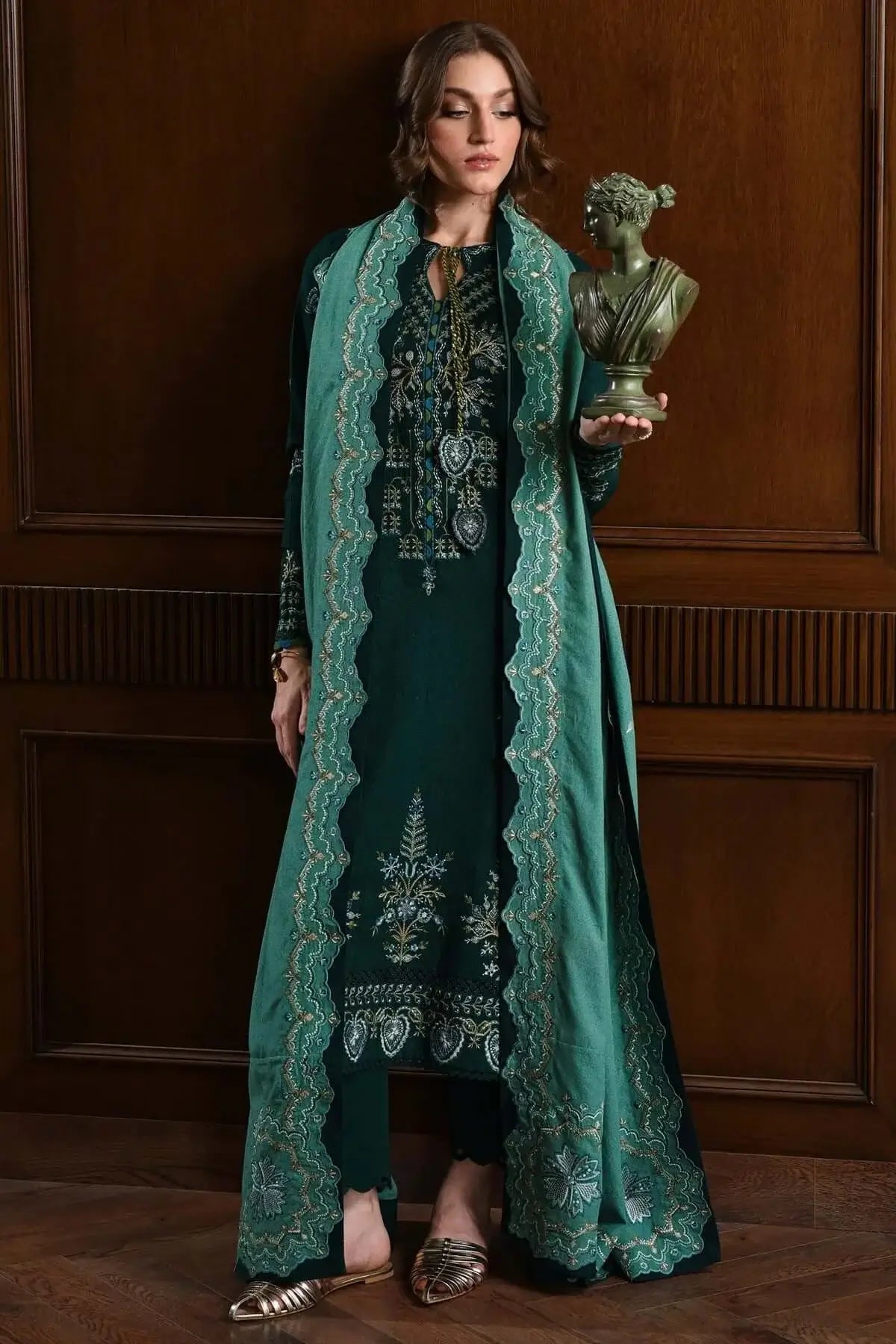 3 Piece Unstitched Heavy Embroidered Dhanak Suit with Four-sided Embroidered Dhanak Wool Shawl