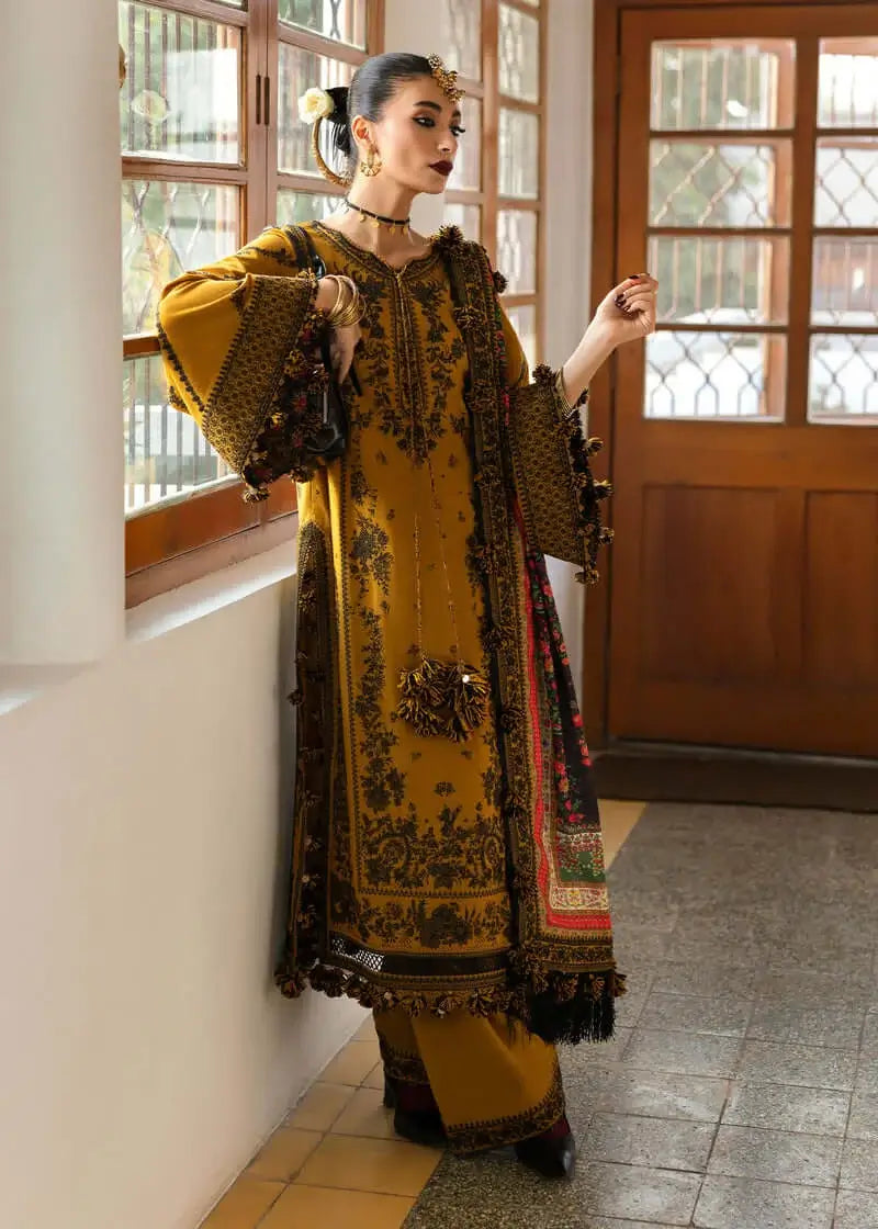 3 Piece Unstitched Heavy Embroidered Dhanak Suit with Printed Woolen Shawl