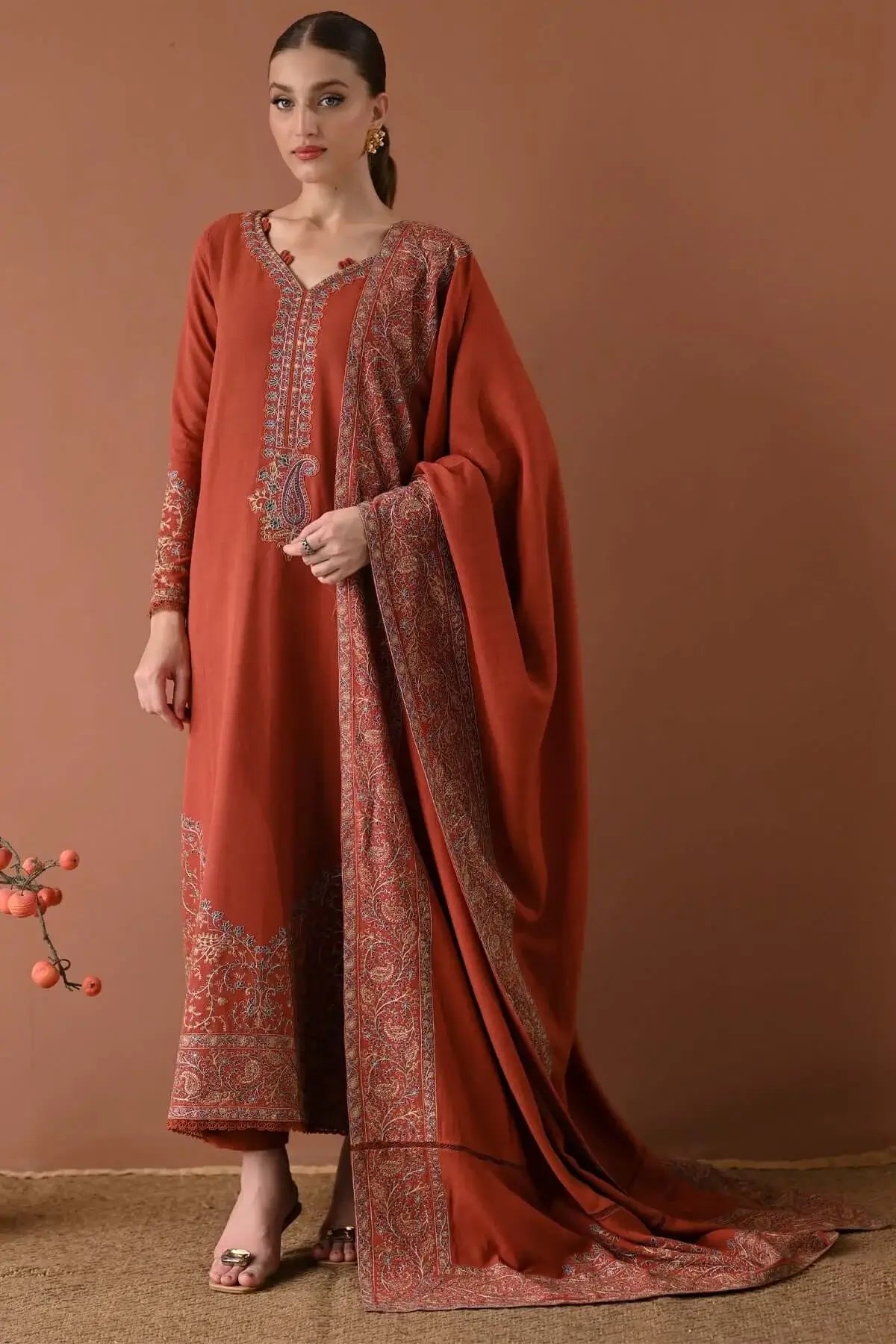 3 Piece Unstitched Heavy Embroidered Dhanak Suit with Four-sided Embroidered Dhanak Wool Shawl