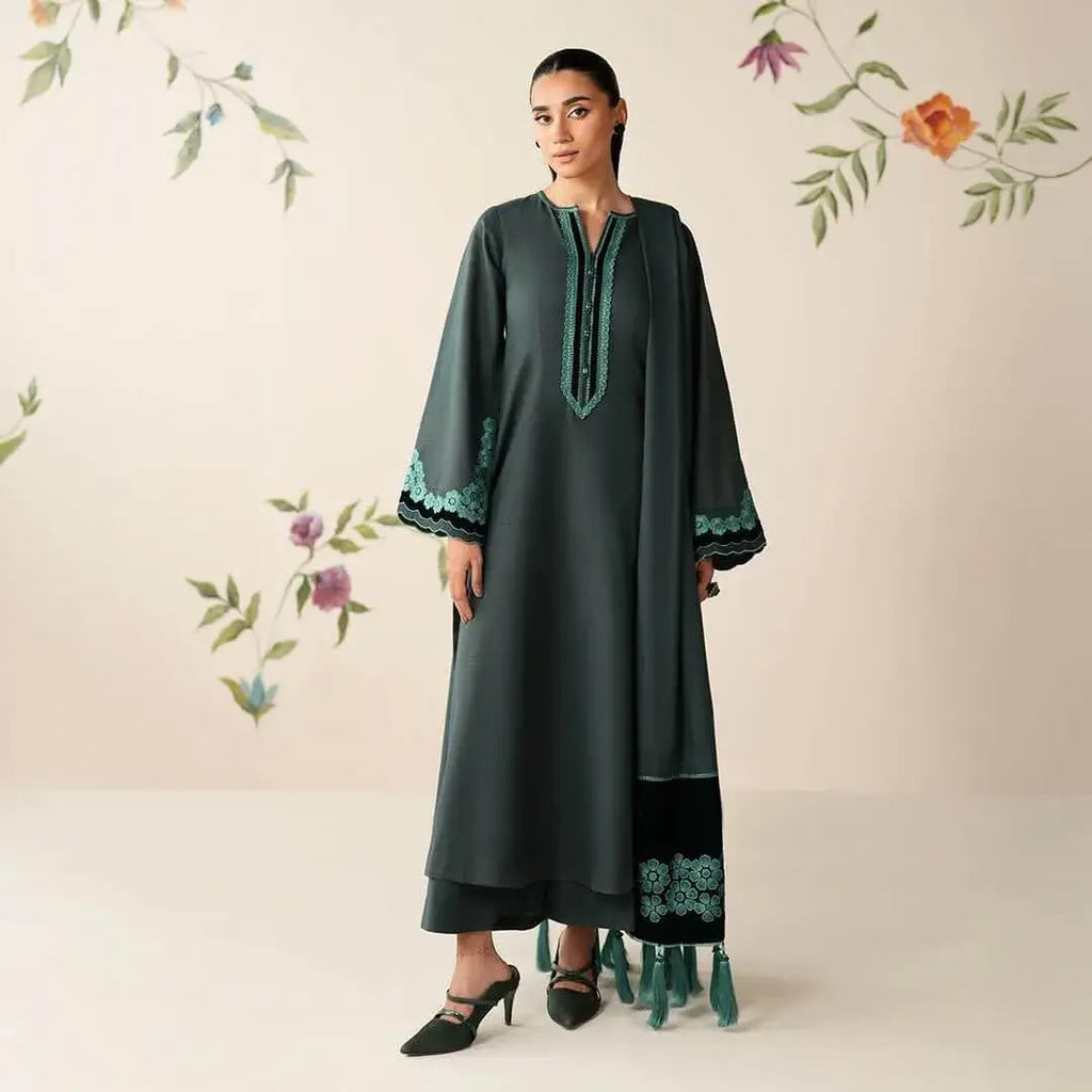 3 Piece Unstitched Heavy Embroidered Dhanak Suit with Heavy Embroidered Dhanak Shawl