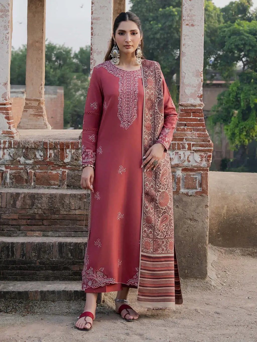 3 Piece Unstitched Heavy Embroidered Dhanak Suit with Printed Woolen Shawl