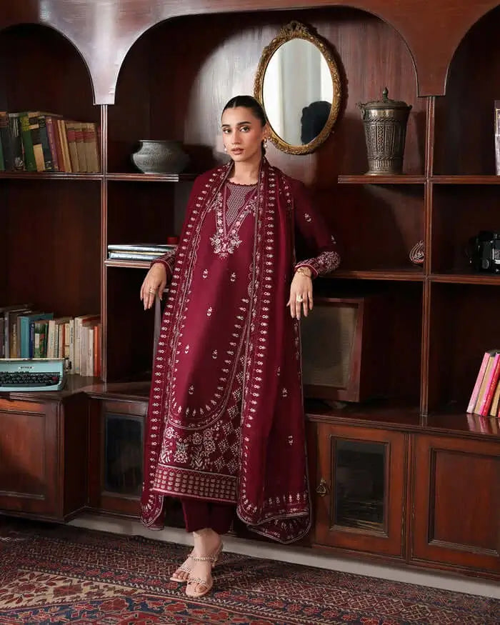 3 Piece Unstitched Heavy Embroidered Dhanak Suit with Four-sided Embroidered Dhanak Wool Shawl