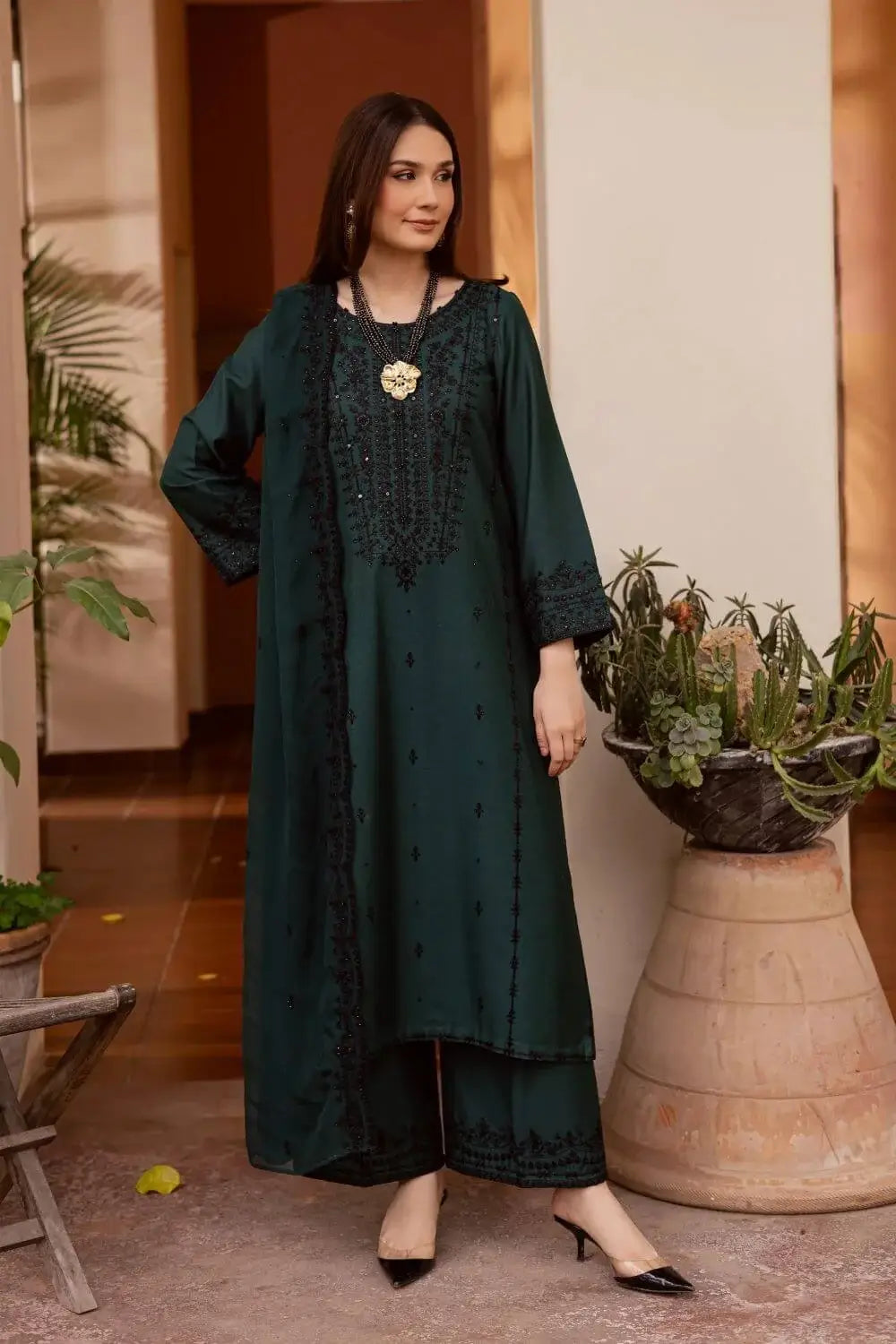 3 Piece Unstitched Heavy Embroidered Dhanak Suit with Four-sided Embroidered Dhanak Wool Shawl