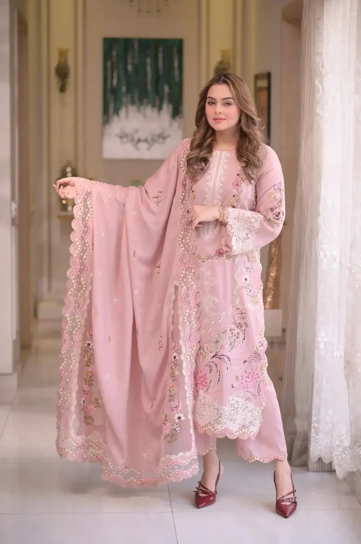 3 Piece Unstitched Heavy Embroidered Dhanak Suit with Ready To Wear Four-sided Embroidered Dhanak Shawl