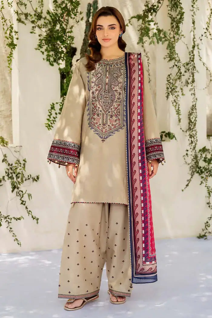 3 Piece Unstitched Heavy Embroidered Dhanak Suit with Printed Woolen Shawl