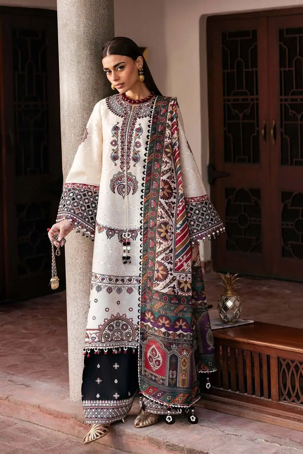 3 Piece Unstitched Heavy Embroidered Dhanak Suit with Printed Woolen Shawl
