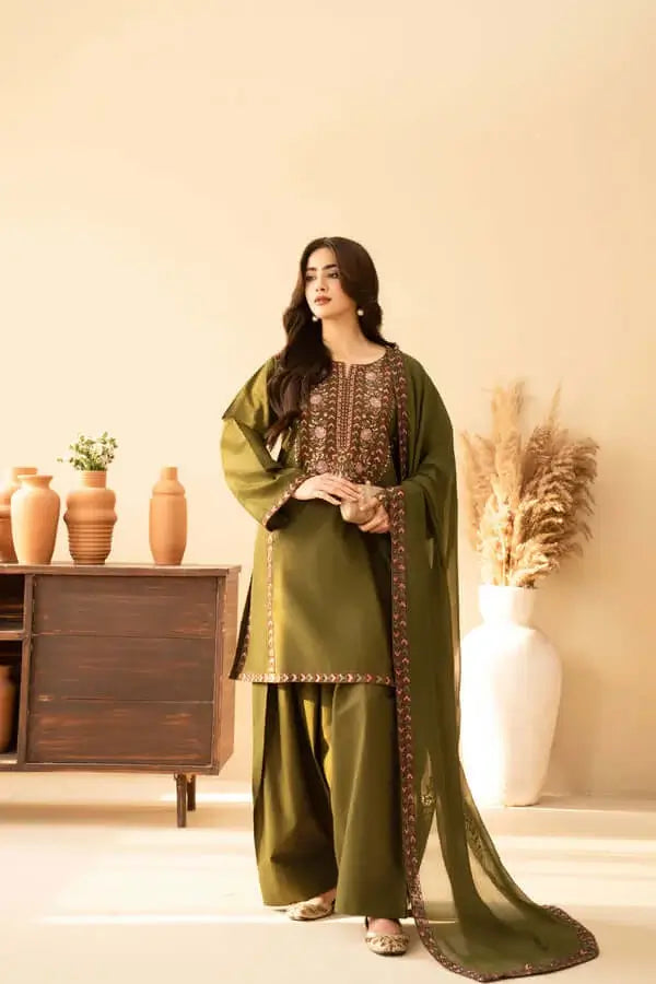 3 Piece Unstitched Heavy Embroidered Dhanak Suit with Heavy Embroidered Dhanak Wool Shawl