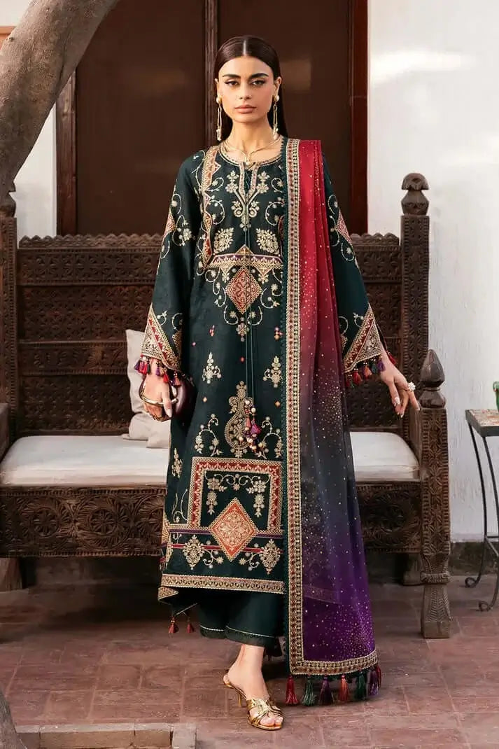 3 Piece Unstitched Heavy Embroidered Dhanak Suit with Printed Woolen Shawl