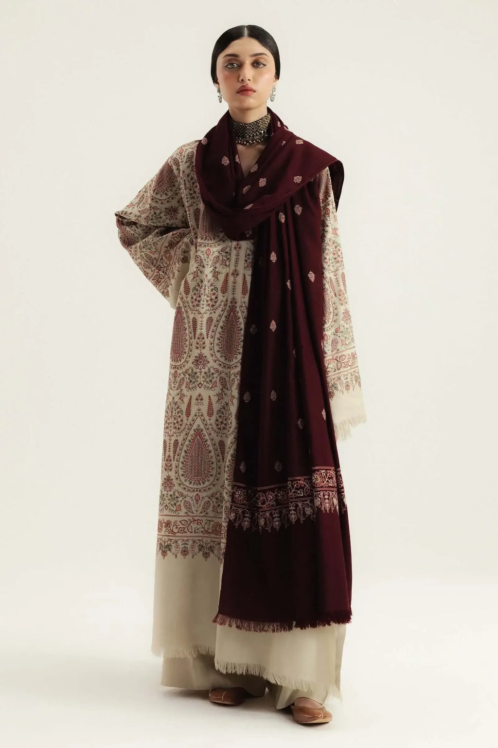 3 Piece Unstitched Heavy Embroidered Dhanak Suit with Heavy Embroidered Dhanak Wool Shawl