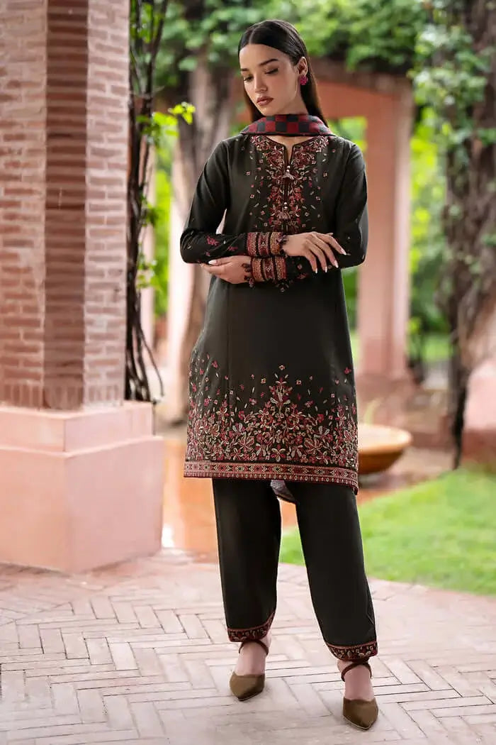 3 Piece Unstitched Heavy Embroidered Dhanak Suit with Printed Woolen Shawl