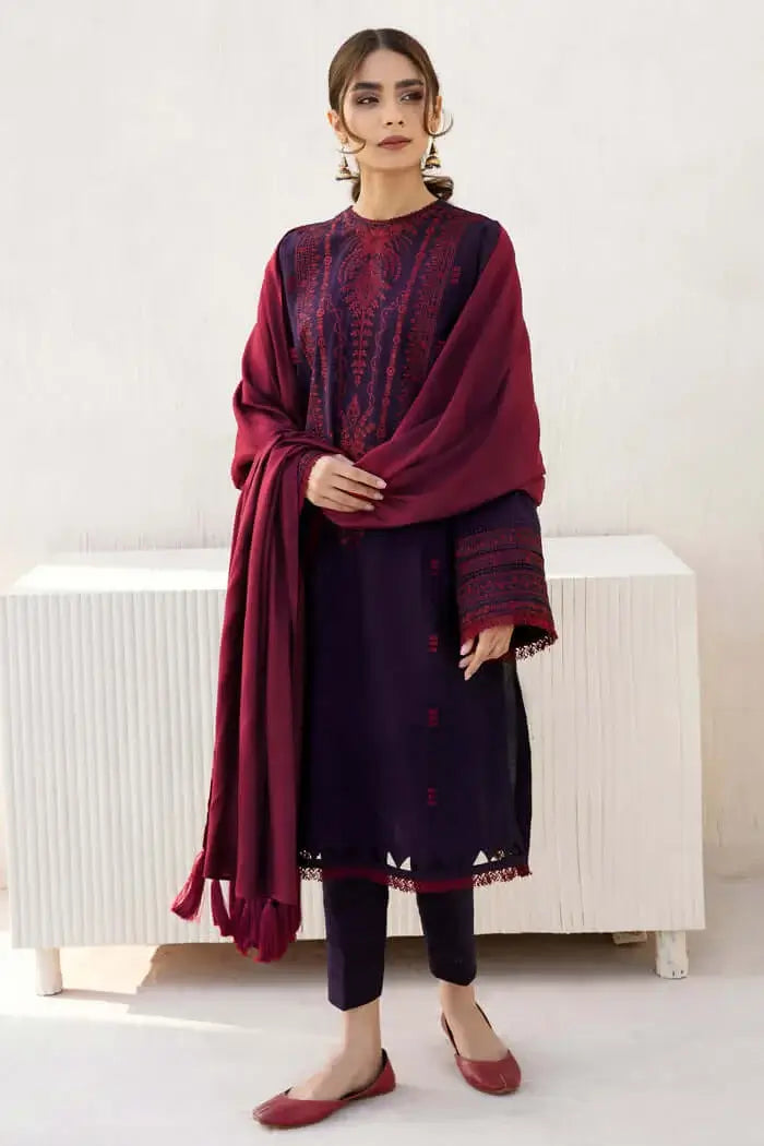 3 Piece Unstitched Heavy Embroidered Dhanak Suit with Plain Dyed Dhanak Wool Shawl