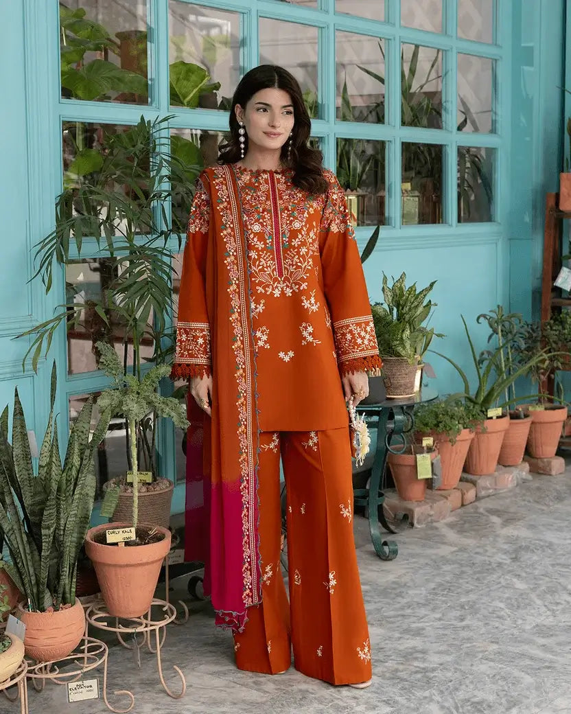 3 Piece Unstitched Heavy Embroidered Dhanak Suit with Heavy Embroidered Dhanak Shawl