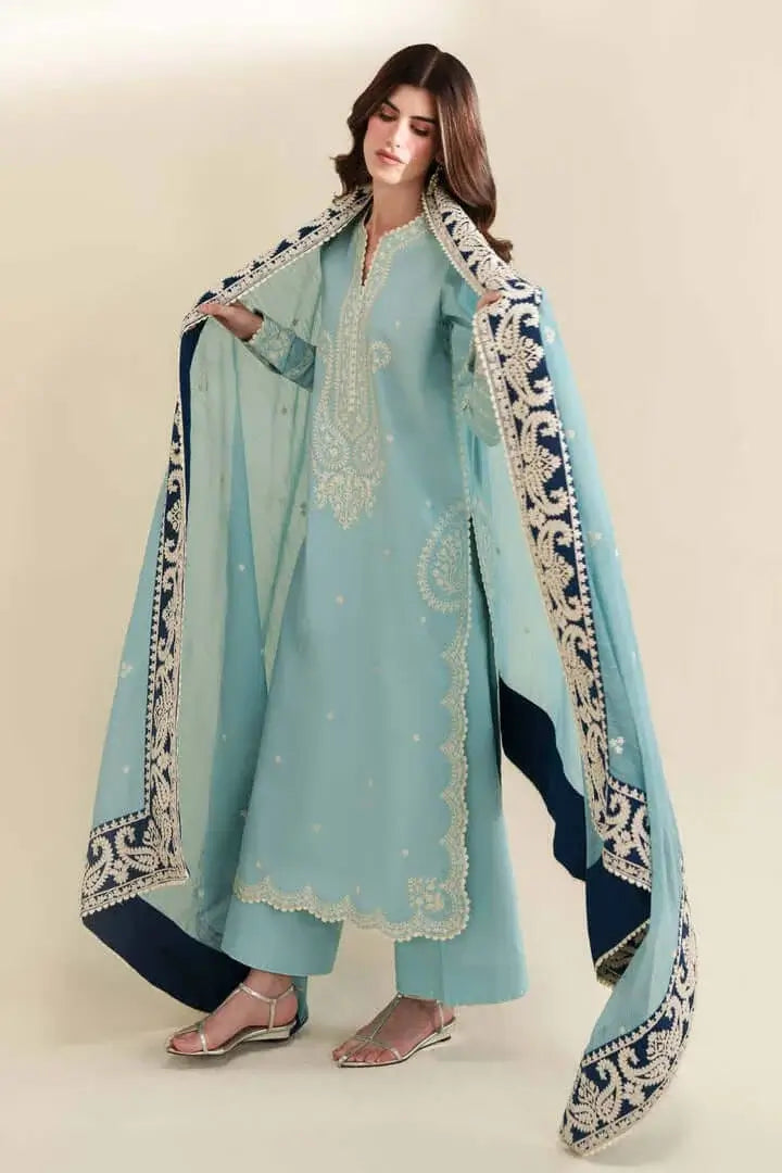 3 Piece Unstitched Heavy Embroidered Dhanak Suit with Four-sided Ready to Wear Embroidered Dhanak Shawl