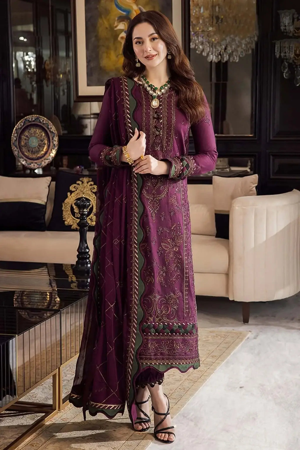 3 Piece Unstitched Heavy Embroidered Dhanak Suit with Four-sided Embroidered Chiffon Dupatta