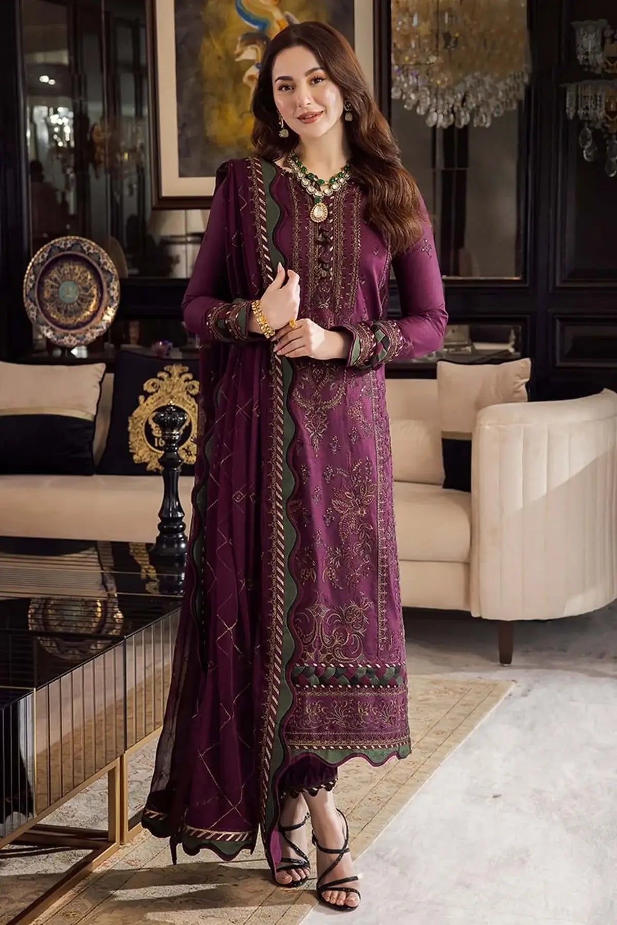 3 Piece Unstitched Heavy Embroidered Dhanak Suit with Four-sided Embroidered Chiffon Dupatta