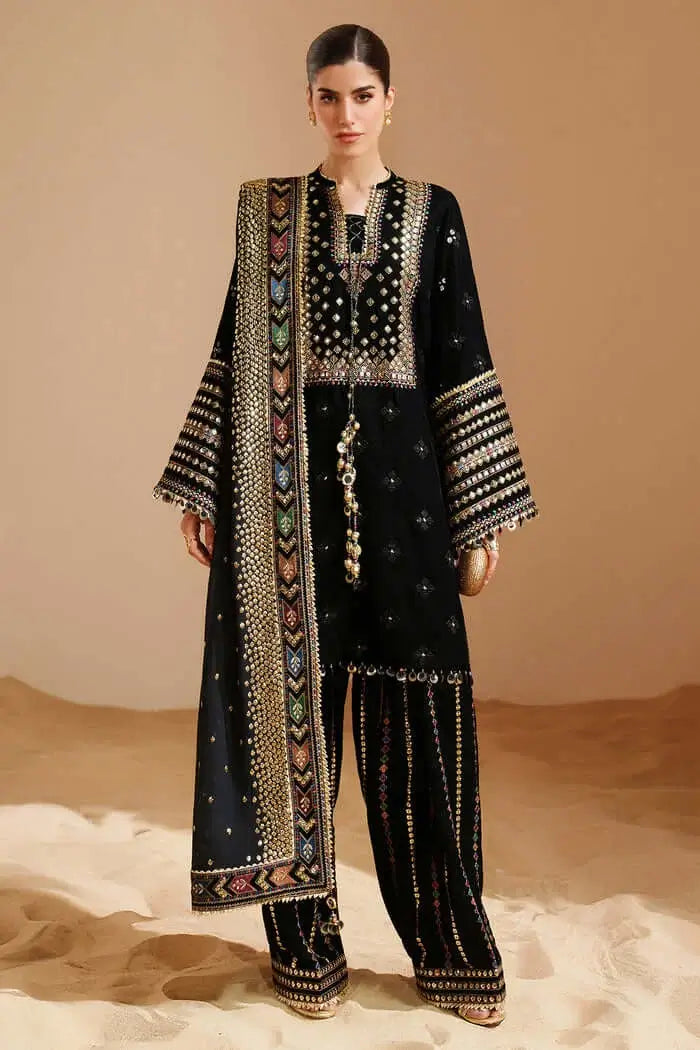 3 Piece Unstitched Heavy Embroidered Velvet Suit with Ready To Wear Four-sided Embroidered Chiffon Dupatta