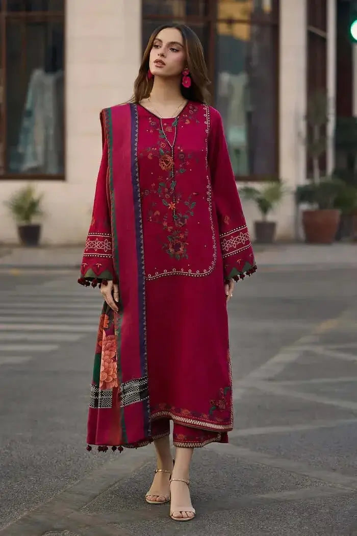 3 Piece Unstitched Heavy Embroidered Dhanak Suit with Printed Woolen Shawl