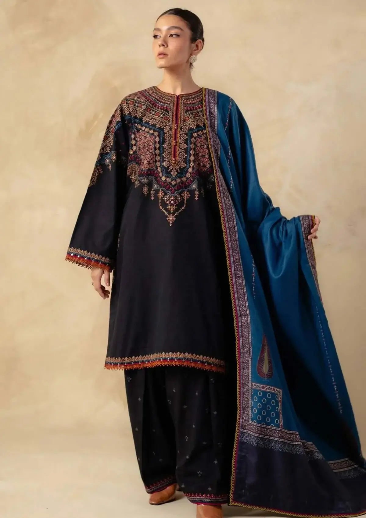 3 Piece Unstitched Heavy Embroidered Dhanak Suit with Printed Woolen Shawl