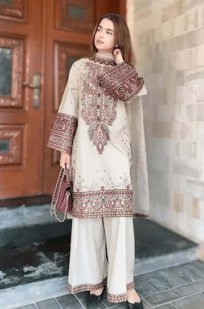 3 Piece Unstitched Heavy Embroidered Dhanak Suit with Four-sided Embroidered Dhanak Wool Shawl