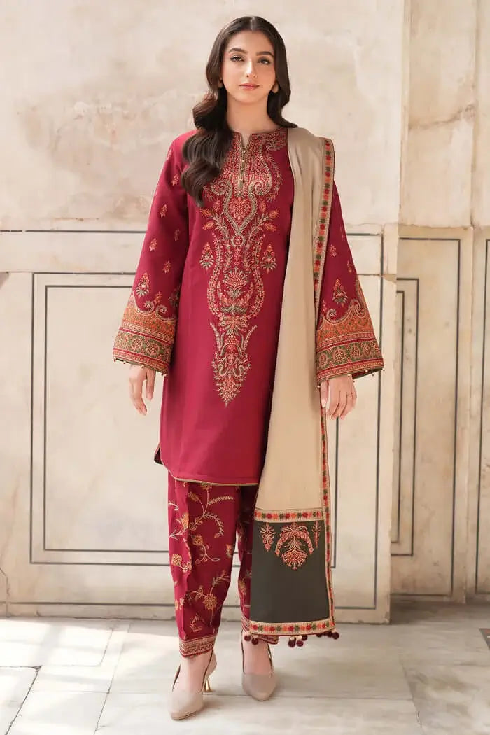 3 Piece Unstitched Heavy Embroidered Dhanak Suit with Printed Woolen Shawl
