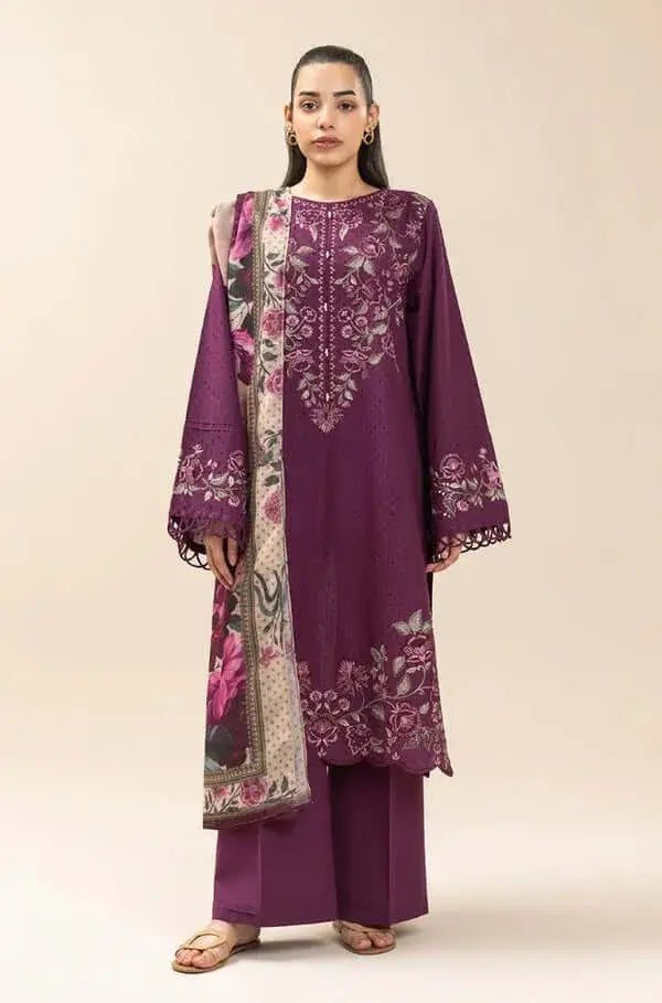 3 Piece Unstitched Heavy Embroidered Dhanak Suit with Printed Woolen Shawl
