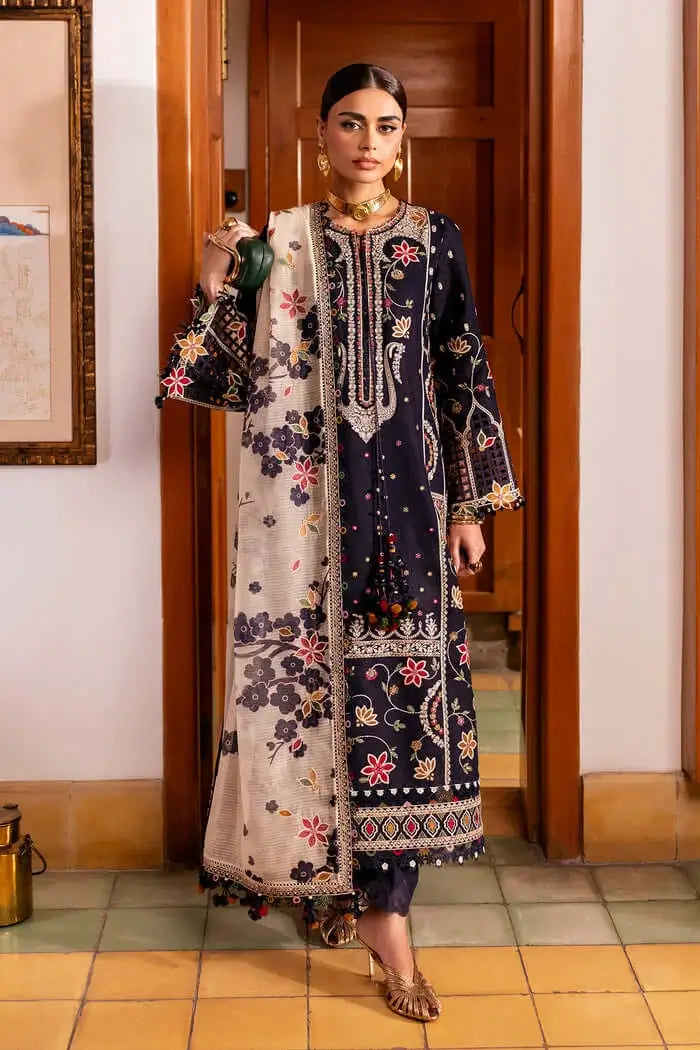 3 Piece Unstitched Heavy Embroidered Dhanak Suit with Printed Woolen Shawl