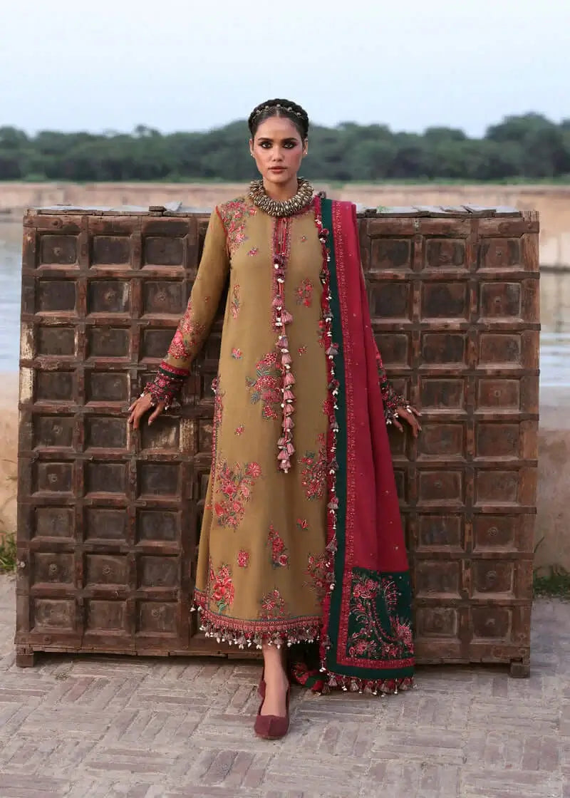 3 Piece Unstitched Heavy Embroidered Dhanak Suit with Four-sided Embroidered Dhanak Wool Shawl