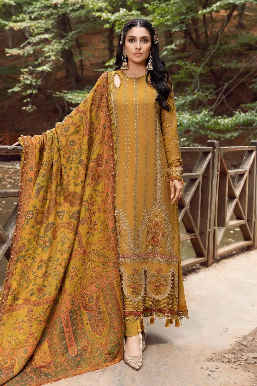 3 Piece Unstitched Heavy Embroidered Dhanak Suit with Printed Woolen Shawl