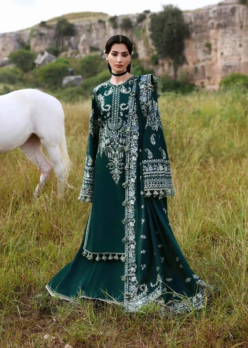 3 Piece Unstitched Heavy Embroidered Dhanak Suit with Four-sided Embroidered Dhanak Wool Shawl