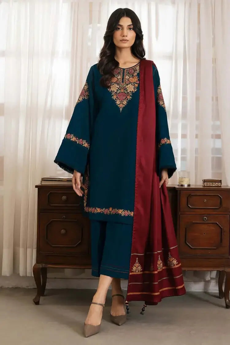 3 Piece Unstitched Heavy Embroidered Dhanak Suit with Heavy Embroidered Dhanak Wool Shawl