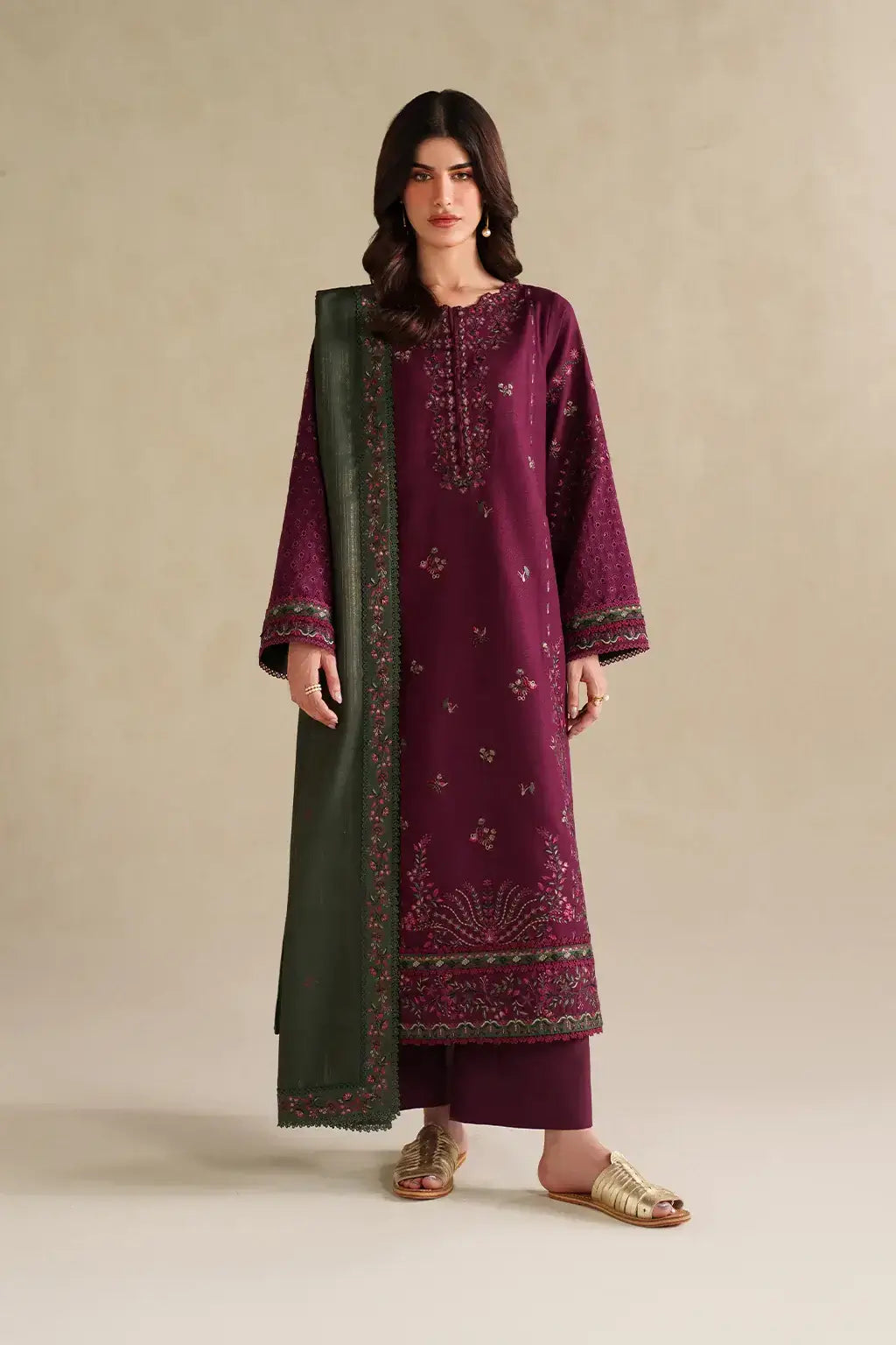 3 Piece Unstitched Heavy Embroidered Dhanak Suit with Four-sided Embroidered Dhanak Wool Shawl