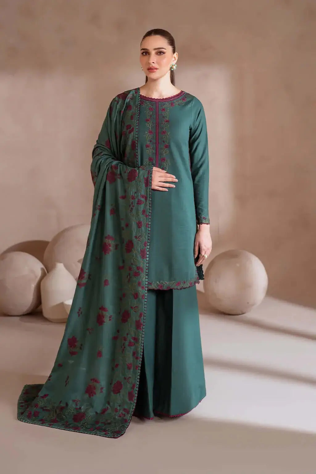 3 Piece Unstitched Heavy Embroidered Dhanak Suit with Heavy Embroidered Dhanak Wool Shawl