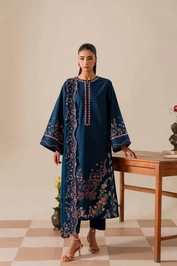 3 Piece Unstitched Heavy Embroidered Chickan Kari Dhanak Suit with Four-sided Ready to Wear Embroidered Dhanak Shawl