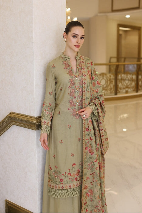 3 Piece Unstitched Heavy Embroidered Dhanak Suit with Heavy Embroidered Dhanak Shawl