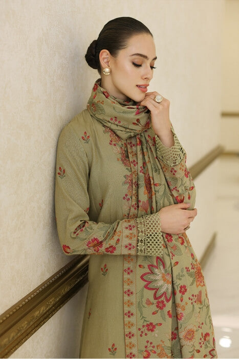 3 Piece Unstitched Heavy Embroidered Dhanak Suit with Heavy Embroidered Dhanak Shawl