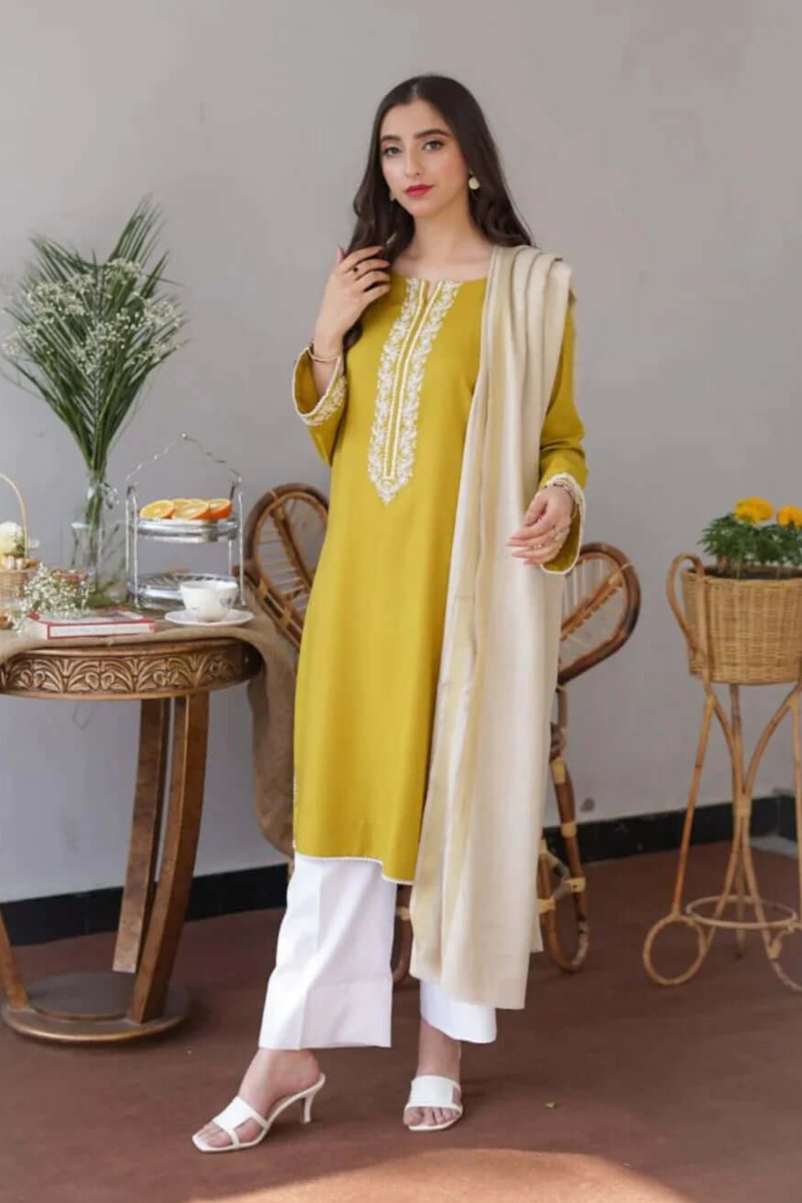 3 Piece Unstitched Heavy Embroidered Dhanak Suit with Dyed Dhanak Shawl