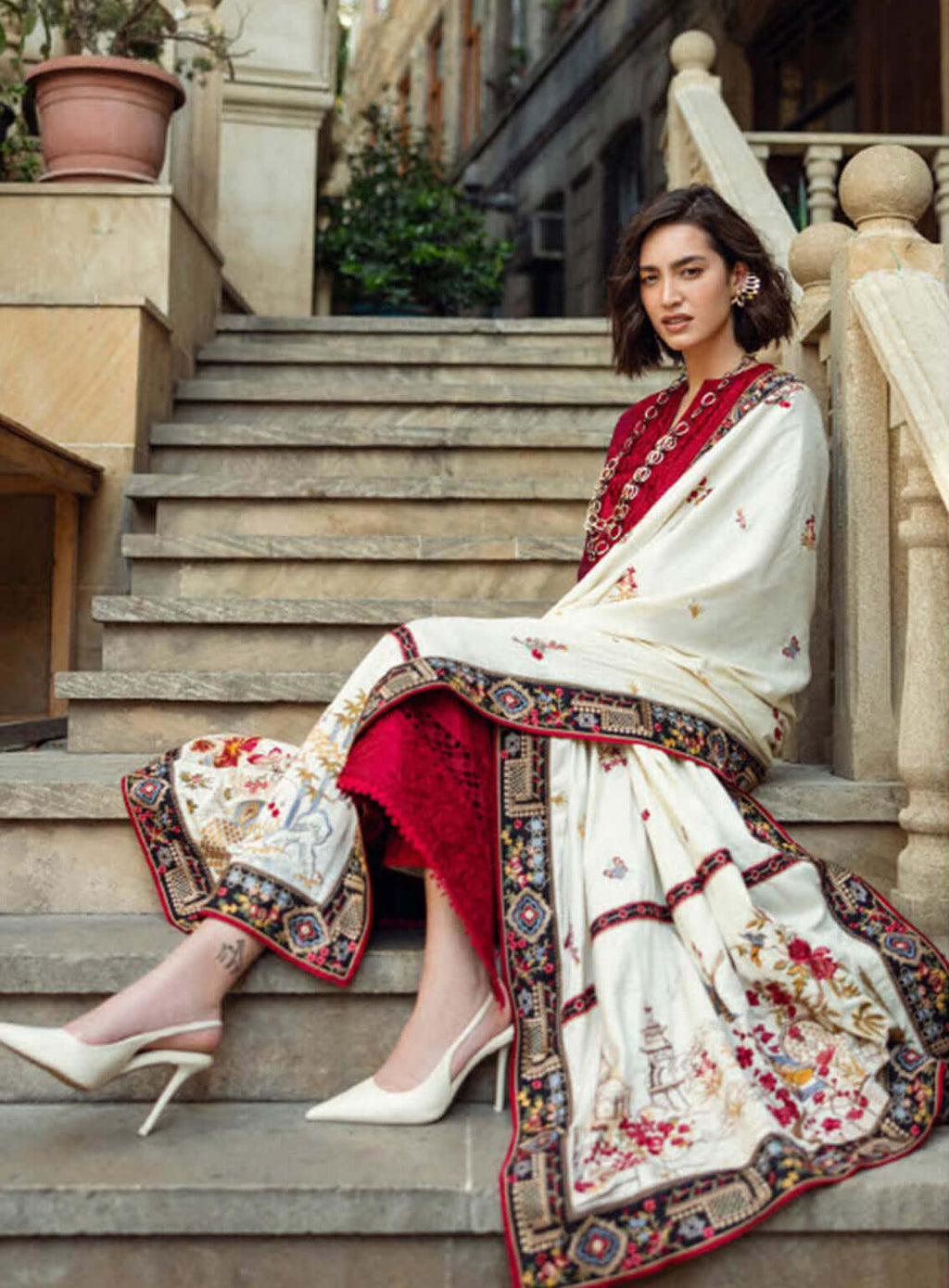 3 Piece Unstitched Heavy Embroidered Dhanak Suit with Embroidered Printed Woolen Shawl