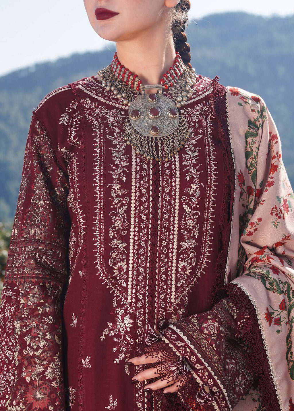 3 Piece Unstitched Heavy Embroidered Dhanak Suit with Printed Woolen Shawl