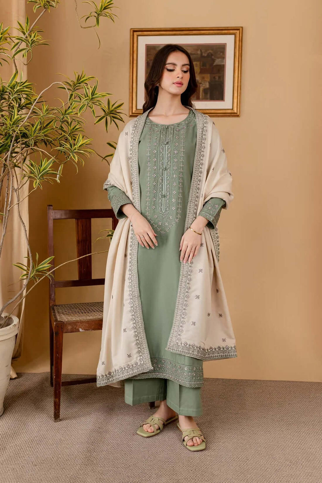 3 Piece Unstitched Heavy Embroidered Dhanak Suit with Embroidered Dhanak Shawl