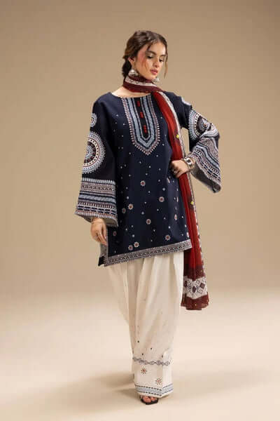 3 Piece Unstitched Heavy Embroidered Dhanak Suit with Printed Woolen Shawl