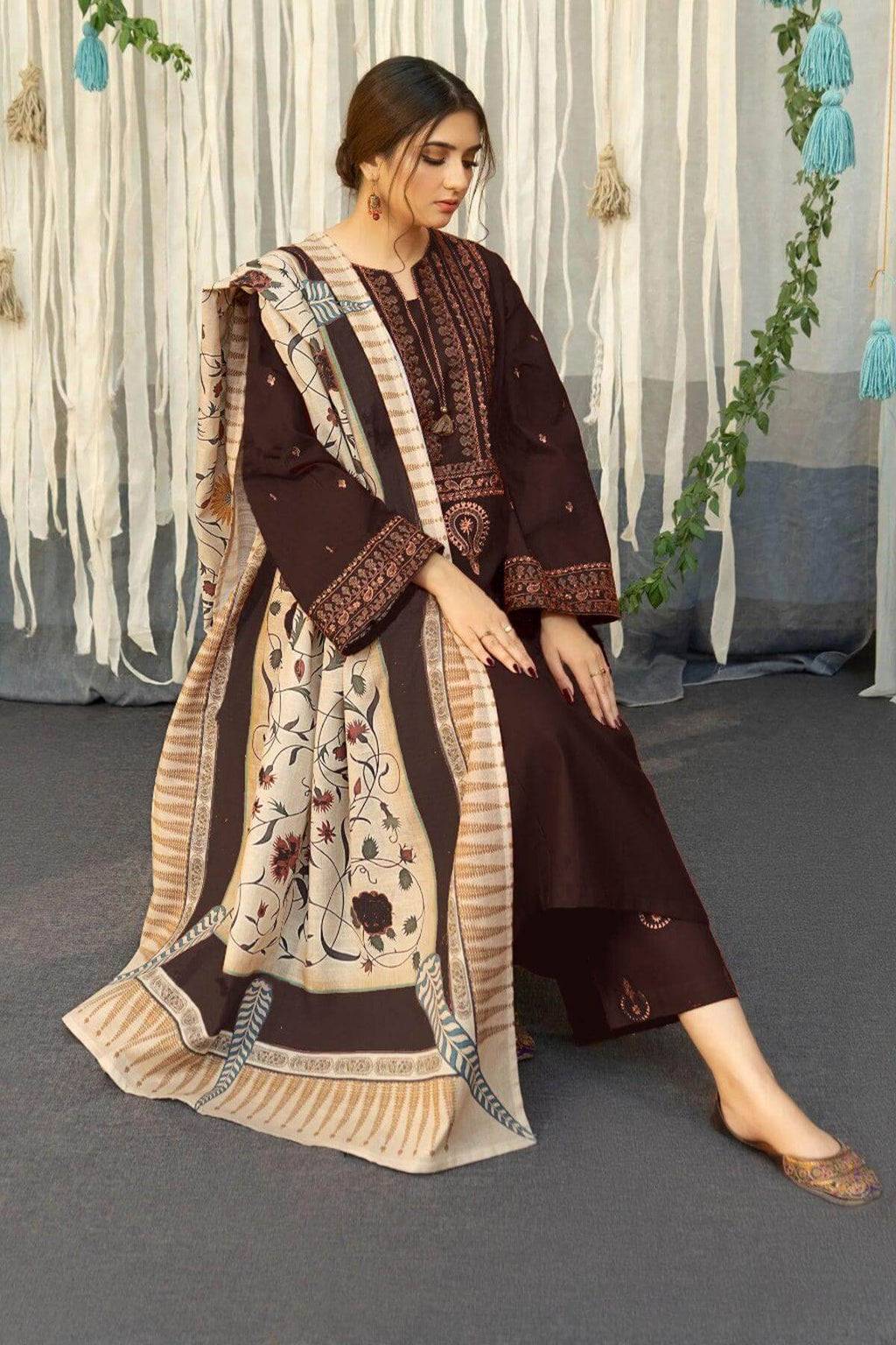 3 Piece Unstitched Heavy Embroidered Dhanak Suit with Printed Woolen Shawl