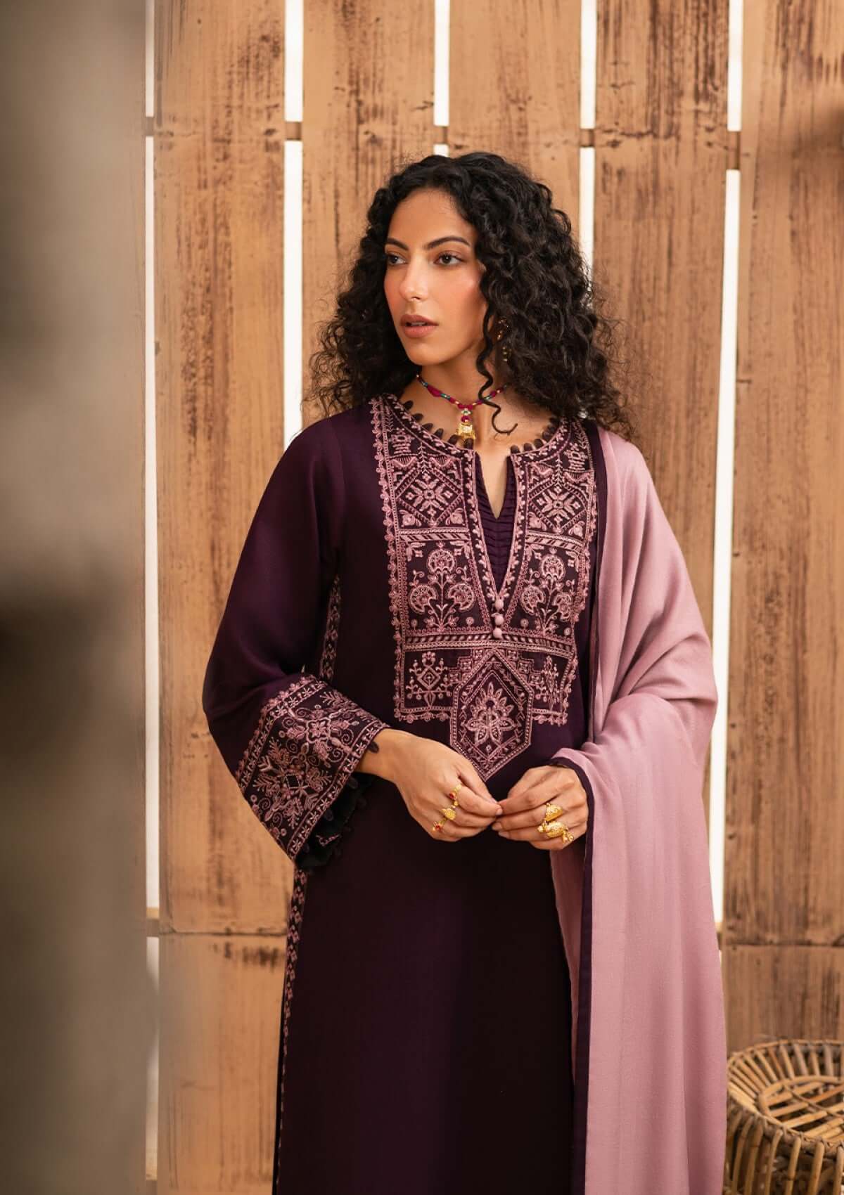 3 Piece Unstitched Heavy Embroidered Dhanak Suit with Embroidered Dhanak Shawl