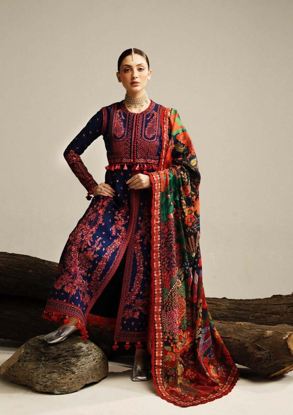 3 Piece Unstitched Heavy Embroidered Dhanak Suit with Printed Woolen Shawl